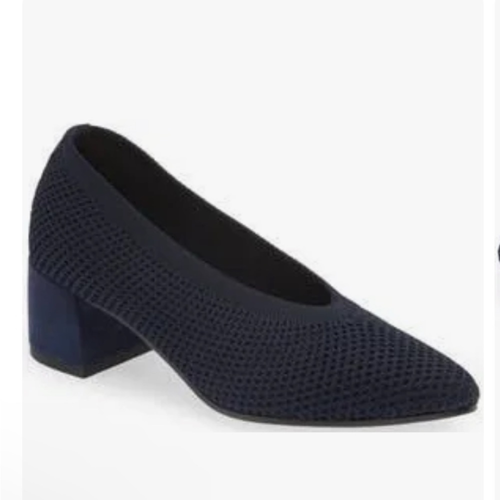 Navy Blue Knit Block Heel Pumps